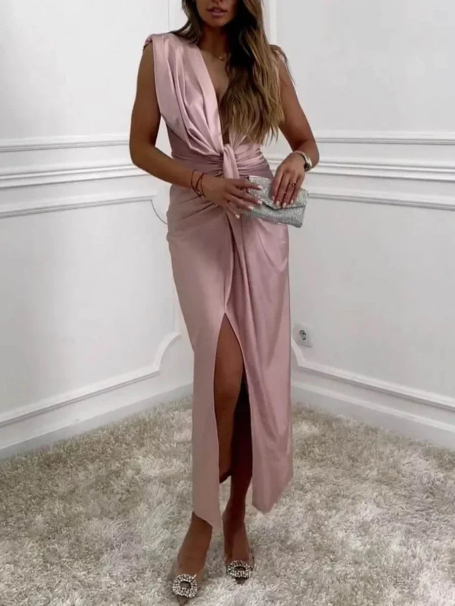 Jolira - Classic Midi Dress With Ruched Draped Slit