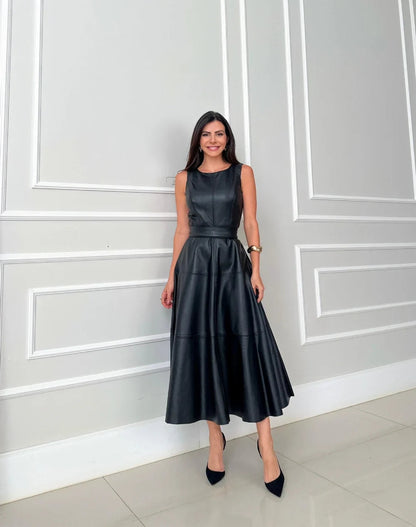 Bnita - Sleeveless Faux Leather Midi Dress