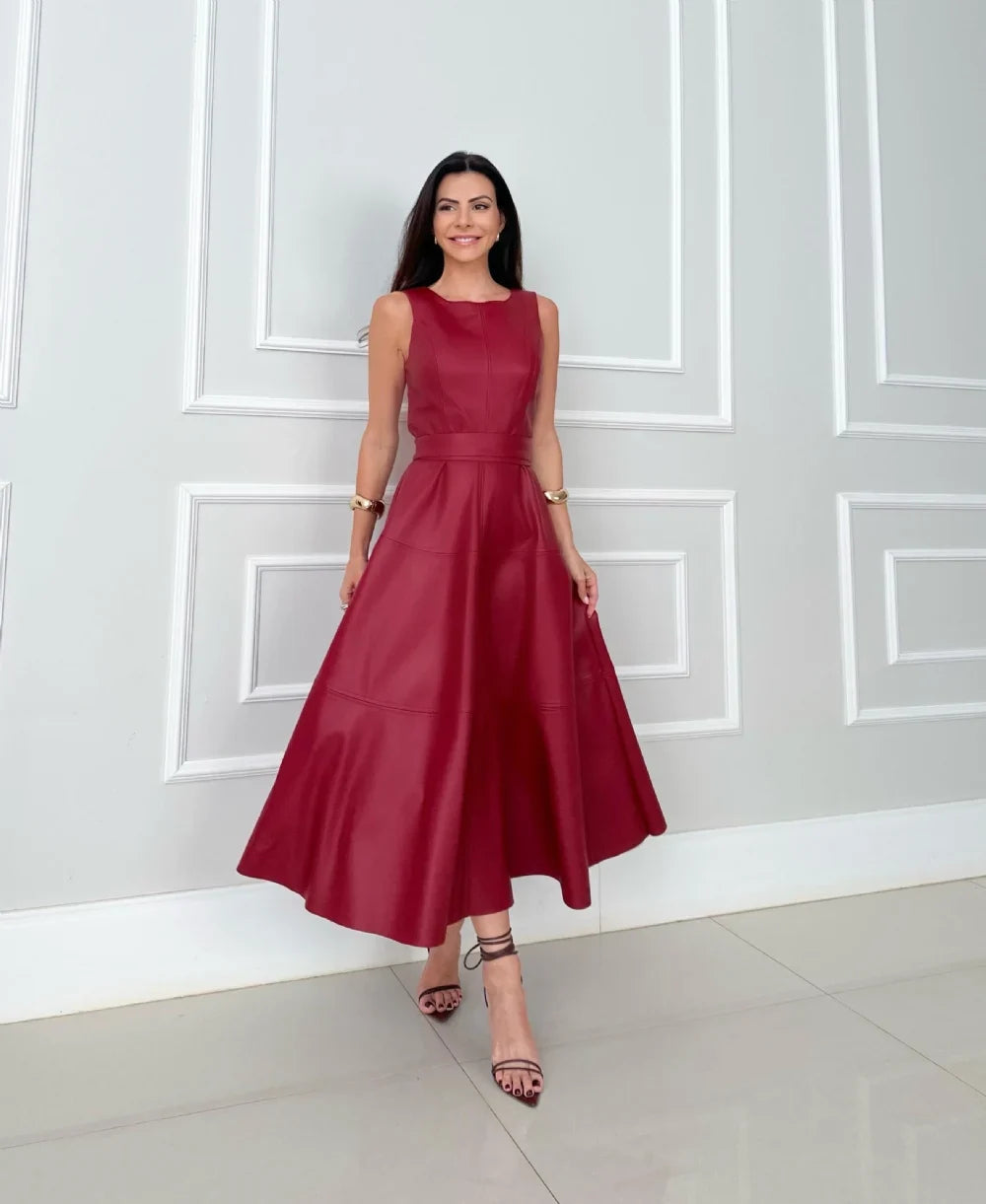 Bnita - Sleeveless Faux Leather Midi Dress