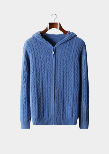 100% CASHMERE CABLE KNIT ZIPPER HOODIE