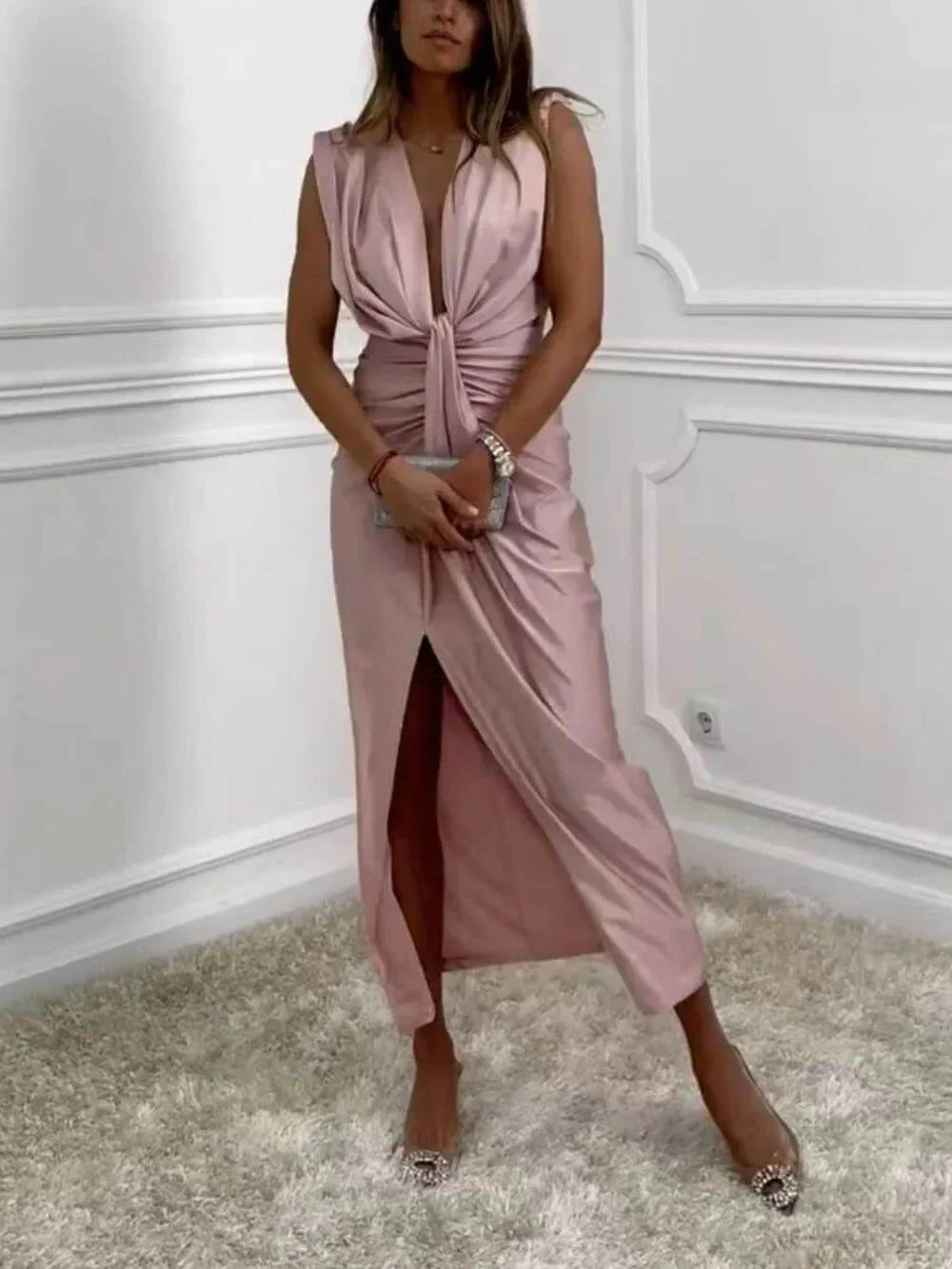 Jolira - Classic Midi Dress With Ruched Draped Slit