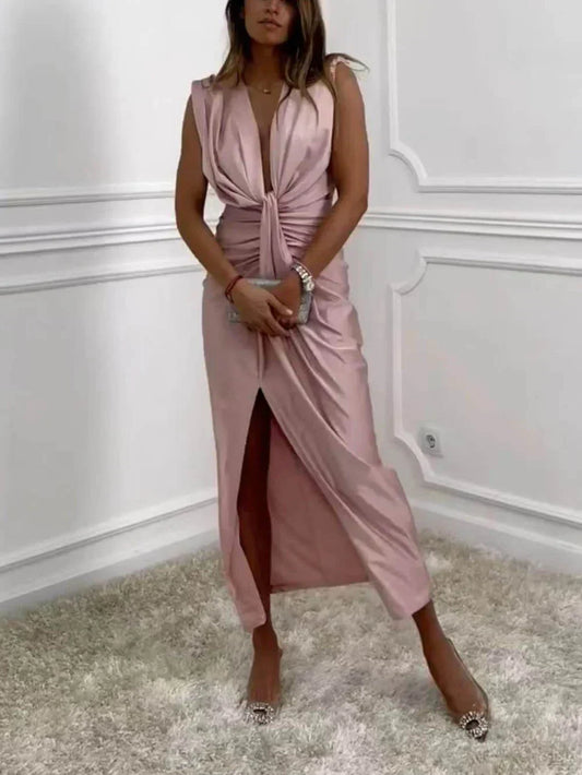 Jolira - Classic Midi Dress With Ruched Draped Slit