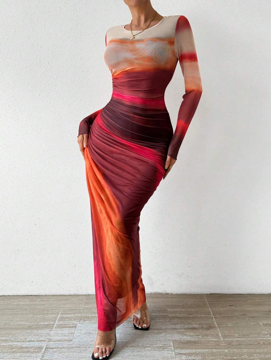 TORINA™ - Comfy Printed Long Sleeve Round Neck Bodycon Maxi Dress